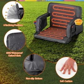 LEMY Heated Stadium Seats with Back Support, Wide Cushion Stadium Chairs for Outdoor Camping, Sports Events, Black(Set of 2 Chairs)