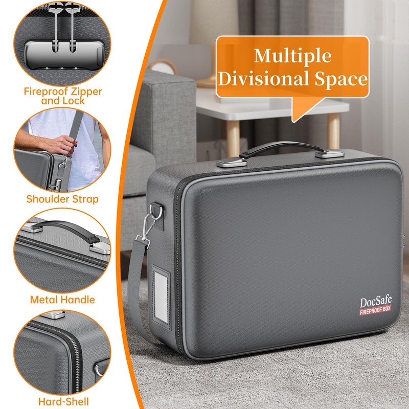 DocSafe Fireproof Document Box with Lock＆Shoulder Strap,Hard Case File Organizer