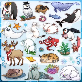 KAHSHEEN Gel Window Clings for Toddlers - Winter Cute Animals Gel Window Clings for Kids, Reusable Removable Vinyl Thick Window Stickers for Glass Window, Arctic & Antarctic Polar Ocean Clings, 29 PCS