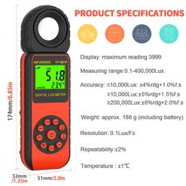 Digital Luxmeter Light Meter, INFURIDER YF-881F Light Meter with 0.01-400,000 Lux, Illuminance Light Meter with 270° Rotating Detector for LED Lighting, Plant, Photography