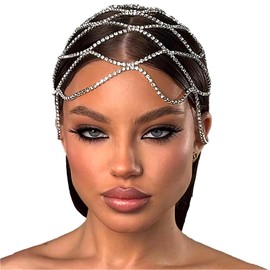 SAWINDA Rhinestone Head Chain Jewelry Silver Gatsby Cap Headpieces Wedding Bride Crystal Headpieces 1920s Flapper Hair Chain Belly Dance Cleopatra Women Hair Accessories