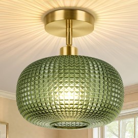 ROTTOGOON Semi Flush Mount Ceiling Light, Adjustable Hanging Gold Sloped Ceiling Lights with Green Glass Shade Vintage Hallway Light Fixtures for Kitchen Bathroom Entryway Bedroom (Bulb Not Included)