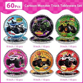 Grencian 60Pcs Monster Truck Birthday Party Plates 9" Disposable Heavy Duty Monster Truck Plates Tableware Set for Boys Birthday Party Serves 60
