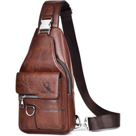 Hjkiopc Sling Bag for Men,Leather Chest Bag with Adjustable Strap,Waterproof Shoulder Bag,Casual Lightweight Bag,Crossbody bag for Hiking,Cycling,Travel,Camping (Dark Brown)