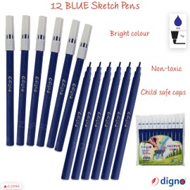 DIGNO SketchStic Felt Tip Pens, BLUE, Pack of 12, Fibre Felt Tip Colour Pens, Write Draw Sketch Mark, Perfect for School Office Home Everyday Use