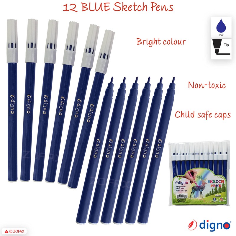 DIGNO SketchStic Felt Tip Pens, BLUE, Pack of 12, Fibre