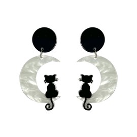 Black Cat on the Moon Earrings for Women Acrylic Moon Star Cat Earrings Funny Animal Cat Jewelry Accessories (White)