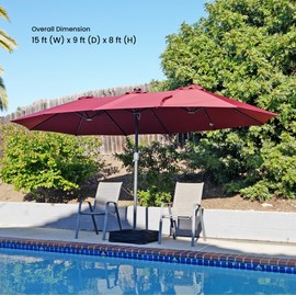 Home Zone Living 15x9 Ft Double Head Patio Umbrella with Base, 36 LED Lights, Sand Bags, UV Resistant & Waterproof, 213 LBS Total Weight, Burgundy Red