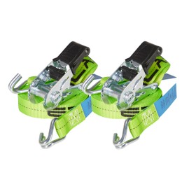 Set of 2 Ergolash lashing straps, 4 metres (4 m long), 25 mm wide, tensile force LC 400 daN, STF 100 daN, two-piece lashing straps, ratchet lashing straps with hooks in neon green, manufactured