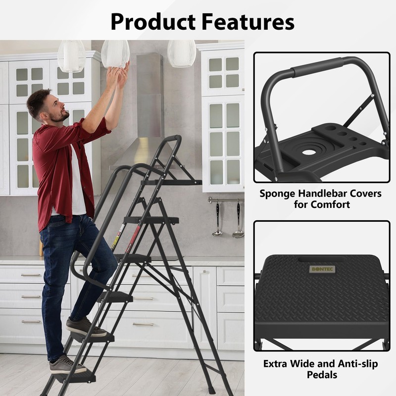 BONTEC 5-Step Ladder, 400lbs Max Load, Folding Step Stool with