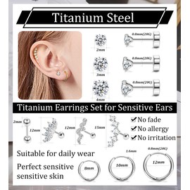 MJust Hoop stud Earrings for Women Men 20 Gauge Stainless Steel Earring Sets for Multiple Piercing CZ Ball Nap Flat Back Earrings Hypoallergenic Cartilage Earring（Silver）