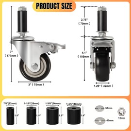 3 Inch Caster Wheels for Prep Table, Expanding Stem Casters with Dual Brake, Fit 7/8" to 1-5/8" Tube Leg Industrial Locking Wheels for Stainless Steel Table/Cart/Commercial Kitchen Appliances Leg