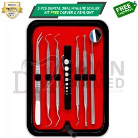 DawnProMed 5 Pcs Dental Oral Hygiene Scaler Kit Tools Deep Cleaning Teeth Care W/Pen Light