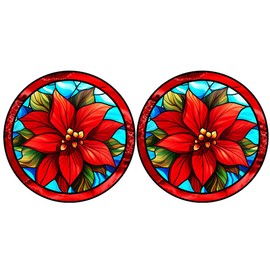 Happyyami 2pcs Christmas Window Stickers Poinsettia Window Clings Sticker Stained Glass Window Clings Round Stained Glass Xmas Door Sticker New Year Decal Red Berries Pvc Cartoon