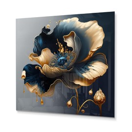 DesignQ Metal Art Wall Decor Deep Blue and Gold Blossom II - Wall Art For Living Room, Wall Art Bedroom, Dining Room Wall Decor