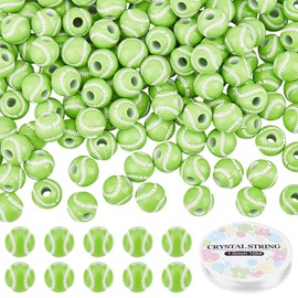 SUNNYCLUE 200Pcs Tennis Bead Sport Ball Beads Bulk Green Acrylic Sports Balls Loose Spacer Mini Bead with 11 Yards Elastic Crystal Thread for Jewellery Making Bracelets Necklaces DIY Craft Accessories
