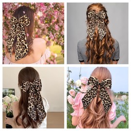 Large Leopard Hair Bows Barrette, Cheetah Print Bow Clips for Women, Vintage Silky Satin Long Tail Ribbon Barrette for Women and Girls Ponytail Hair Accessories (Leopard print yellow)