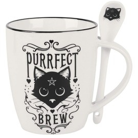 Alchemy Gothic Cup and Spoon Set Purrfect Brew White/Black