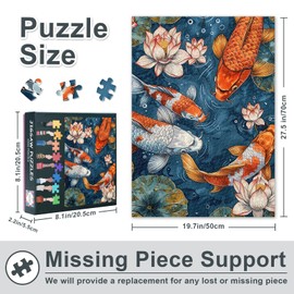 1000 Piece Puzzle for Adults - Colorful Koi Fish & Lotus Pond Jigsaw Puzzles, Serene Water Scene with Lotus Leaves and Flowers, Premium Collectible Puzzle Board - 27.5x19.7 Inches