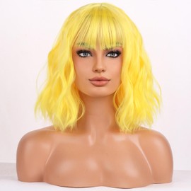BERON Yellow Wig for Women Short Curly Wig with Bangs Girls Yellow Colorful Wavy Hair Wigs 12'' Women's Synthetic Wigs Daily or Cosplay Used