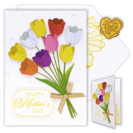 Decorably Gold-Foiled 5x7in Individual Mother's Day Card with Tulips Cutout, Gold Ribbon and Pearls, Textured Mothers Day Card with Envelope and Sealing Wax, with Printed Message Inside