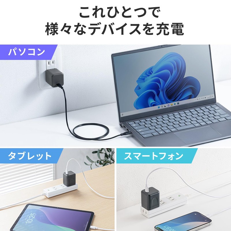 Sanwa Direct 700-AC044 Type-C Charger, PD Compatible, 65W Max, 1