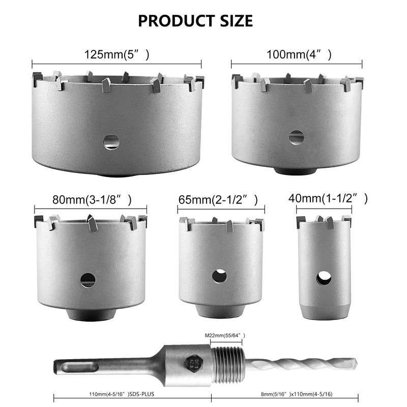 RVIQI 6PCS Concrete Hole Saw Set,Tungsten Steel SDS Plus Shank