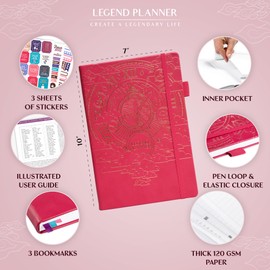 Legend Planner PRO – Deluxe Weekly & Monthly Life Planner to Increase Productivity and Hit Your Goals. Time Management Organizer Notebook – Undated – 7 x 10" Hardcover + Stickers – Hot Pink