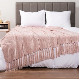 PAVILIA Blush Pink Throw Blanket for Couch, Twin Size Bed, Chenille Blanket for Sofa Bed, Soft Knit Woven Pink Blanket with Tassel, Decorative Textured Blanket for Living Room, Blush Pink 60x80