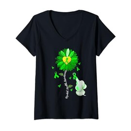Womens Mental Health Awareness Cute Elephant Green Ribbon Sunflower V-Neck T-Shirt