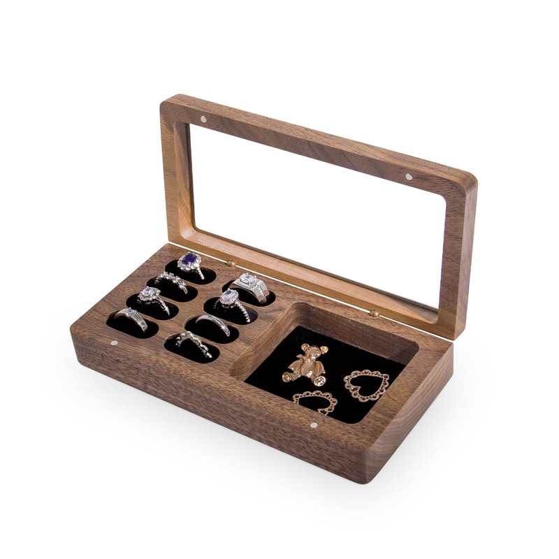 Luxury Solid Walnut Wood Ring Box with Glass Window -
