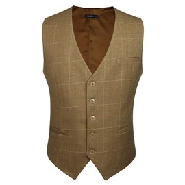 HISDERN Men's Formal Wedding Party Waistcoat Cotton Plaid Dress Suit Vest, Khaki, 2XL(Chest 50'')