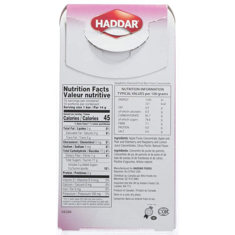 Haddar Raspberry 100% Fruit Bars, 10ct (2 Pack = 20