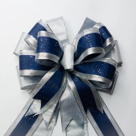 Metallic Silver and Navy Blue Christmas Bow