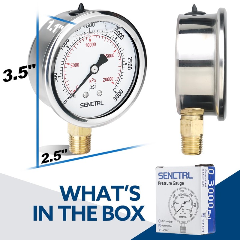 SENCTRL 3000 Psi Glycerin Liquid Filled Hydraulic Pressure Gauge, 2.5"