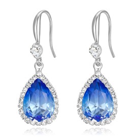 EVER FAITH Wedding Dangle Drop Earrings for Bride, Elegant Birthstone Cubic Zirconia Teardrop Party Prom Round CZ Fish Hook Jewelry for Women Blue Silver-Tone