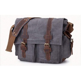 Sechunk Vintage Military Leather Canvas Laptop Bag Messenger Bags Medium (Medium-15‘’, Grey)