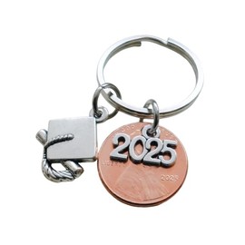 Graduation Penny Keychain with 2025 Year Charm Layered Over 2025 Penny, & Cap and Diploma Charm - Good Luck to the New Graduate (With 2025 Charm)