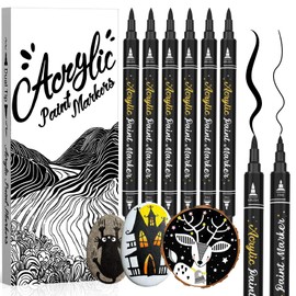 Black Acrylic Paint Marker for Wood: 6 Pack Black Acrylic Paint Pen Dual Tip (Fine & brush), Non-Toxic, Water Based Black Acrylic Permanent Markers for Rock Painting, plastic, Metal, Stone, DIY Crafts