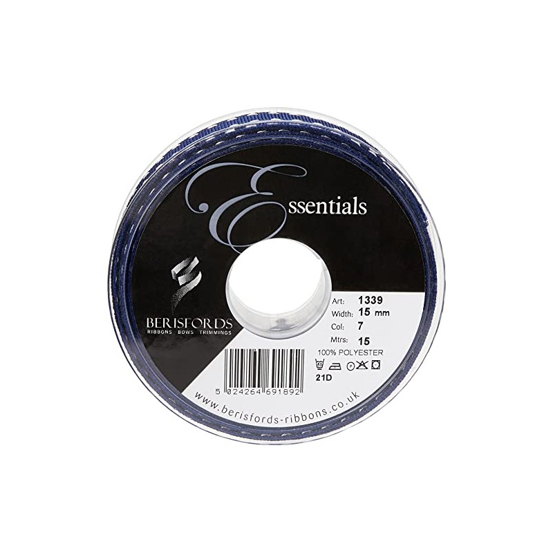 Berisfords 1339-NYW-15 15 mm Stitch Grosgrain Ribbon, Navy/White