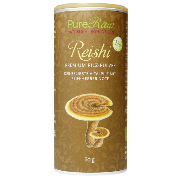 Reishi Mushroom Powder Premium Lingzhi (Organic Vegan Raw) Vital Mushrooms Ganoderma Lucidum Mushroom Tin - Mushroom Powder Superfood as Coffee Replacement Smoothie TCM - Raw Organic Ling Zhi Mushroom Powder | PureRaw 60 g