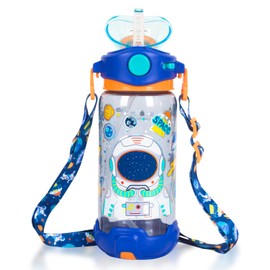 Kids Water Bottle with Straw/Lanyard for School Kids Girls Boys, 22oz BPA Free Child Drinking Water Bottle One-Click-Open Leak-Proof Locking Flip Lid for School Sport Travel