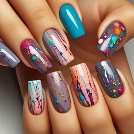 Medium Square Press on Nails Gradient Fake Nails Colorful Stripe Dots Stick on Nails Glossy Glue on Nails Full Cover Artificial Acrylic False Nails Reusable Press on Nails Kit for Women Girls 24Pcs