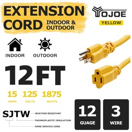 YOJOE - Cable de extensión amarillo de 12/3 de 12 pies, cable de extensión resistente de calibre 12 SJTW de 3 puntas impermeable para jardinería al aire última intervensión, iluminación, camping,