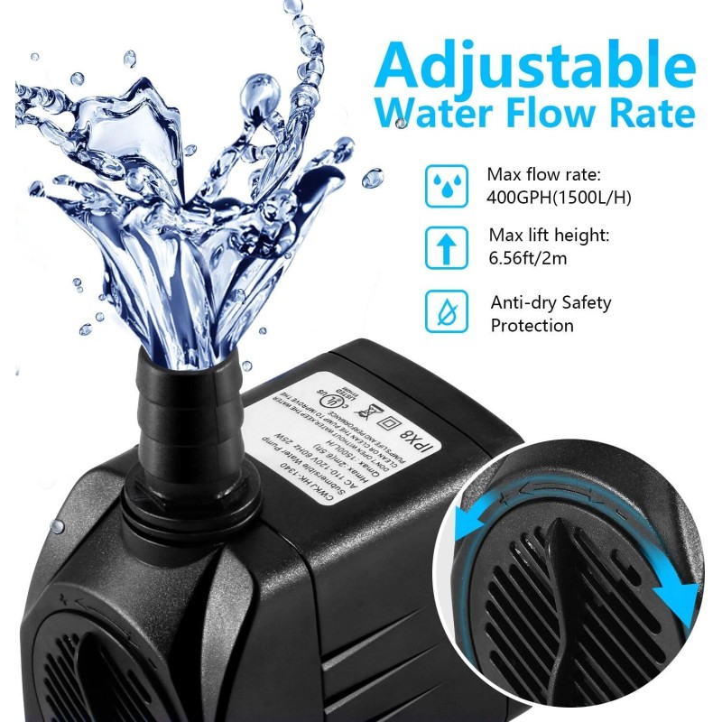 CWKJ Fountain Pump 400GPH Submersible Water Pump Durable 25W Outdoor