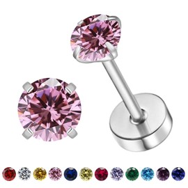 Natural Birthstone Stud Earrings for Women Teen Girls, Small 3mm CZ Stud Flat Back Earrings, Screw Back Tiny Earrings Studs, Cartilage/Tragus/Second Hole Earrings (Silver, 10.Oct-Tourmaline)