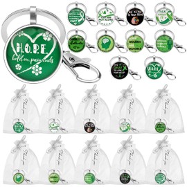 10 Sets Mental Health Gifts Mental Health Awareness Month Keychain Green Ribbon Inspirational Keyring with Thank You Cards Organza Bags for Public Charity Events Favor Fundraising Dinners Benefit