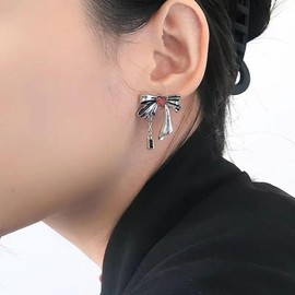 Cimenexe Bohemian Ruby Heart Bow Earrings Silver Bow Tie Stud Earrings Small Square Onyx Dangle Drop Earrings Punk Bow Ruby Heart Earrings Jewellery for Women and Girls Gifts, Zinc, No Gemstone