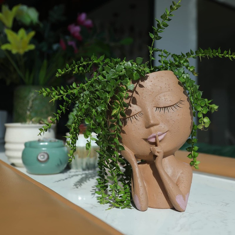 Girl Head Flowerpot Fadeless Durable Resin Face Planter Decorative Succulent