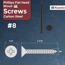 Kozelo 50pcs Phillips Flat Head Wood Screws - [#8x2-3/8"] Carbon Steel Countersunk Self Tapping Screws for Furniture Assembly, Interior Trim, Outdoor Construction, Black